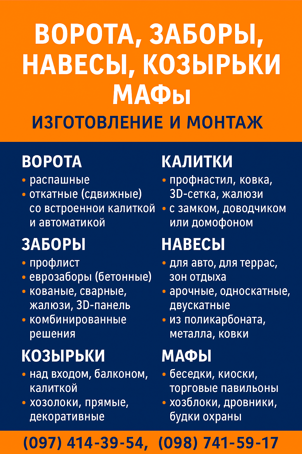 Ворота, заборы, навесы, козырьки, МАФы. ЖБИ изделия