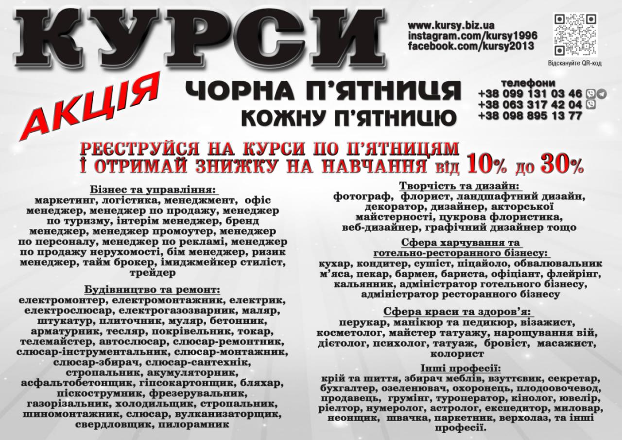 Курси кухаря, електрика, маляра, зварника, слюсаря